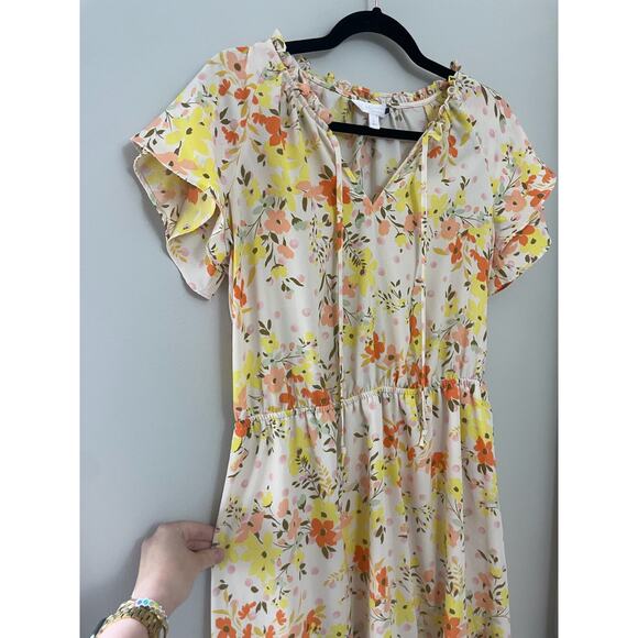 Lauren Conrad Yellow Floral Girly Summer Ruffle-Sleeve Fit & Flare Dress‎ Large - Picture 4 of 9